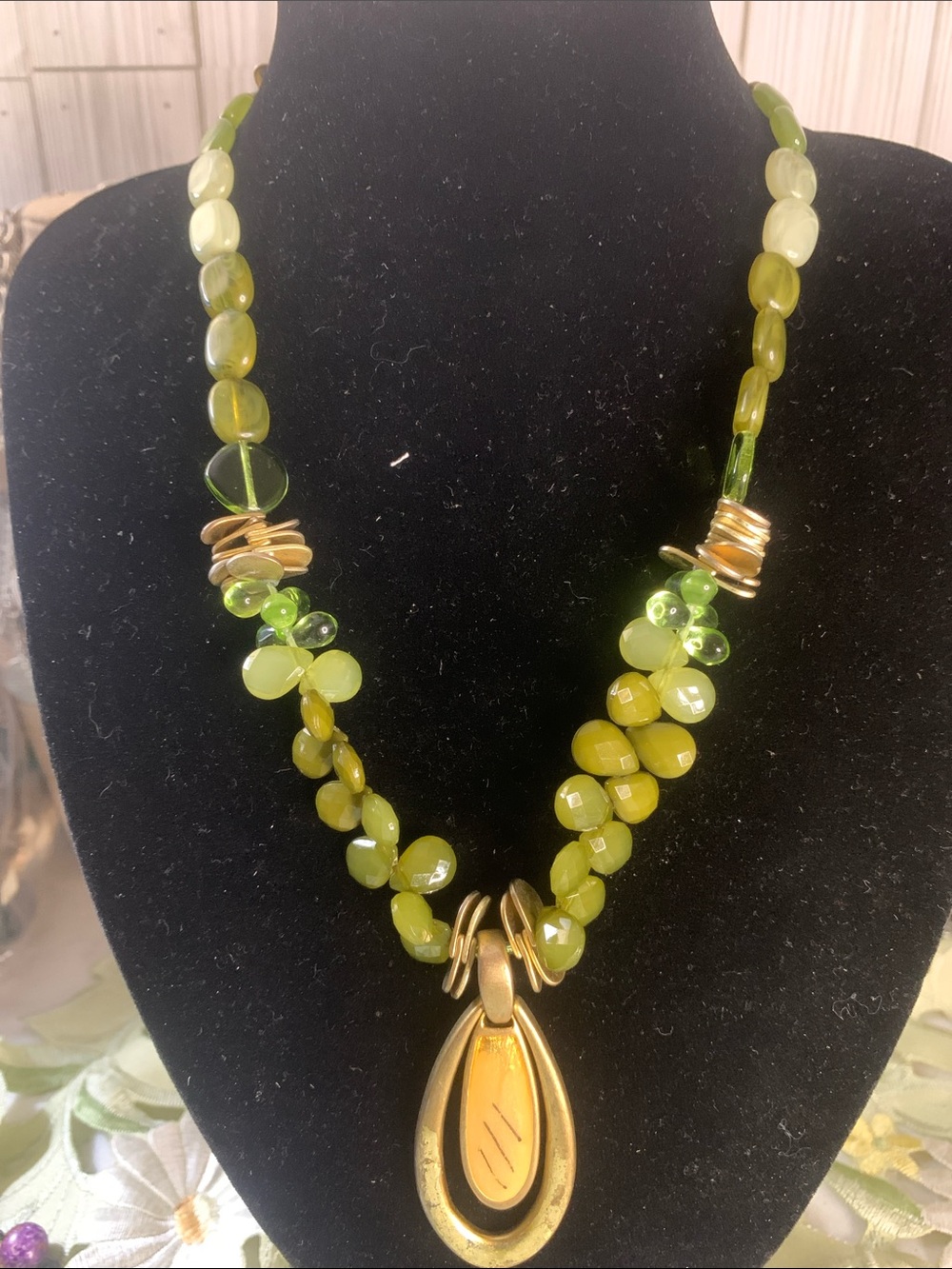 Chico's Olive Green Beaded Necklace with Gold Teardrop Pendant